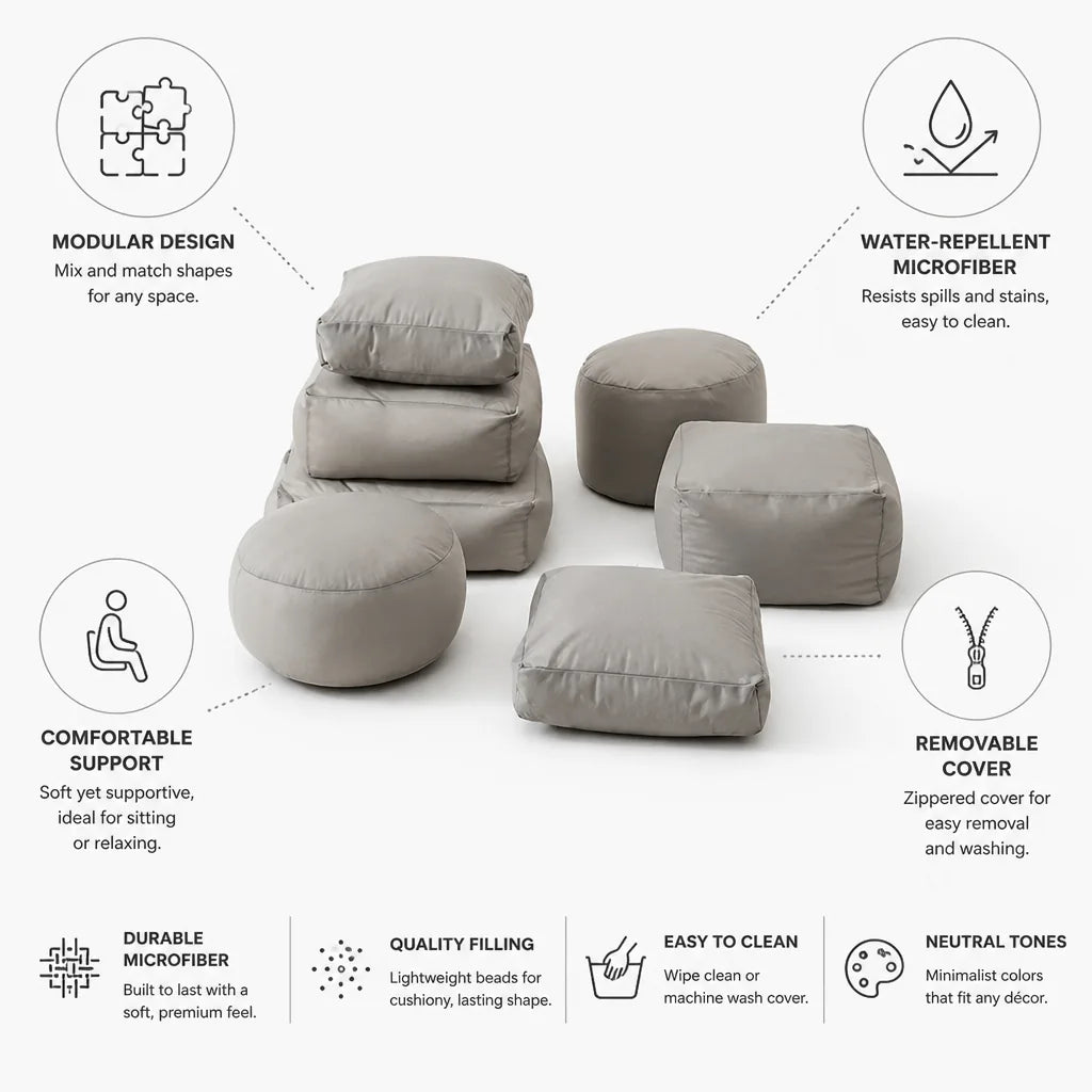 Floor Cushion & Pouf Set Modular Design Water-Repellent Microfiber