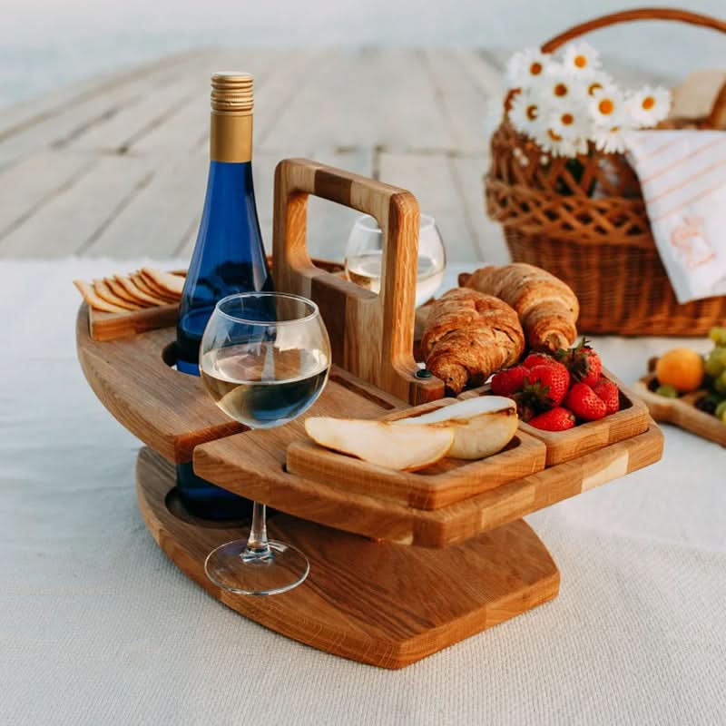 Folding Picnic Table Wooden Snack Compartments & Glass Holders