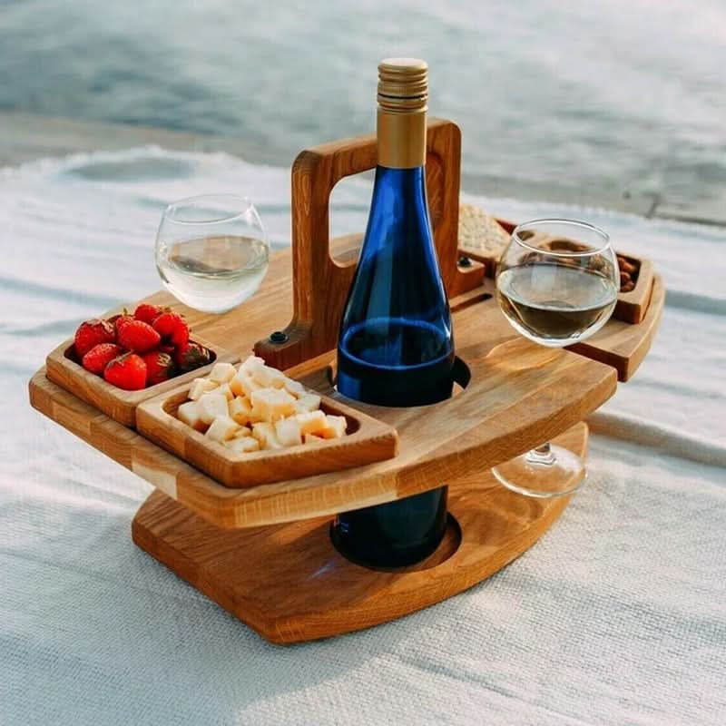 Folding Picnic Table Wooden Snack Compartments & Glass Holders