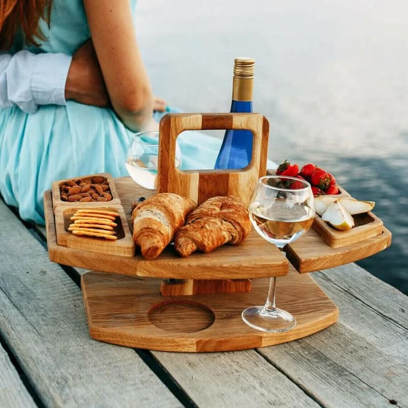 Folding Picnic Table Wooden Snack Compartments & Glass Holders