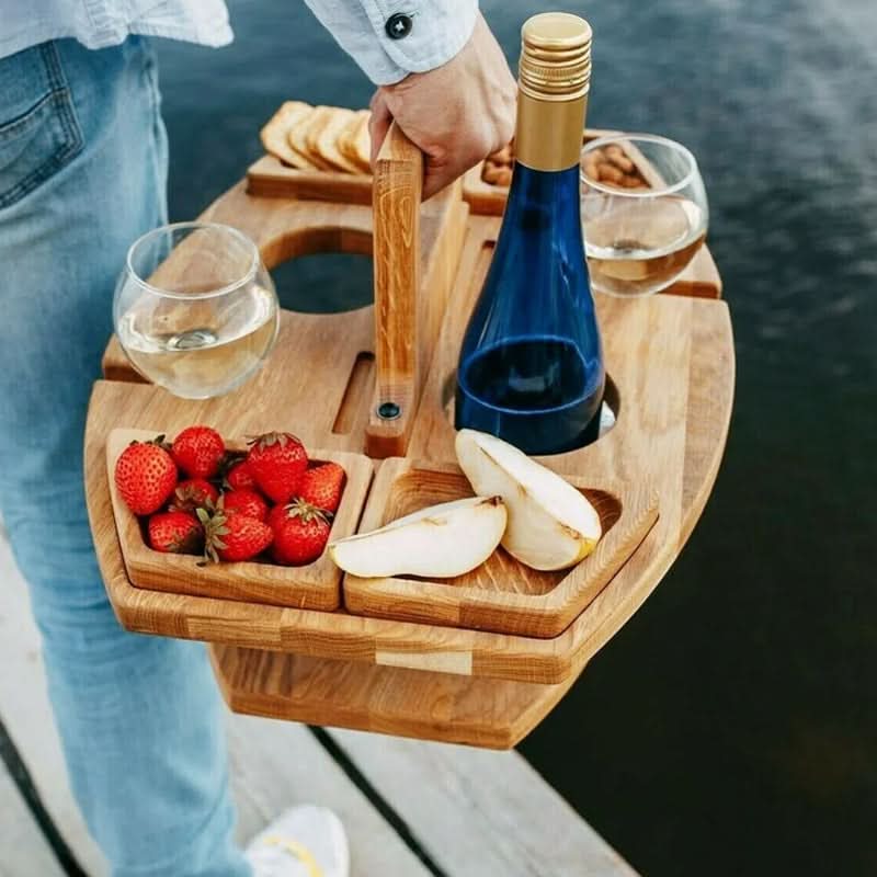 Folding Picnic Table Wooden Snack Compartments & Glass Holders