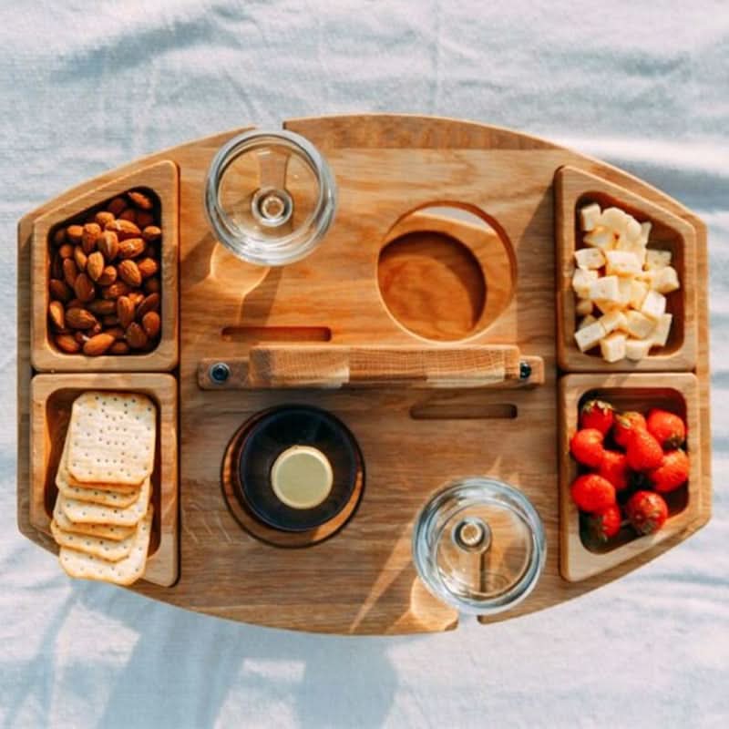 Folding Picnic Table Wooden Snack Compartments & Glass Holders