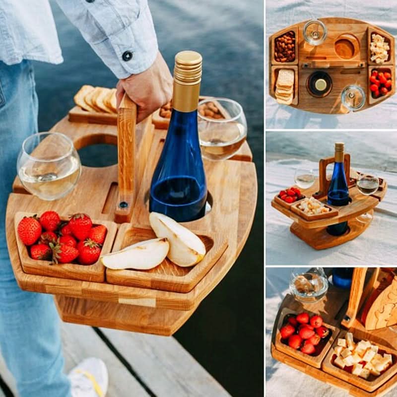 Folding Picnic Table Wooden Snack Compartments & Glass Holders