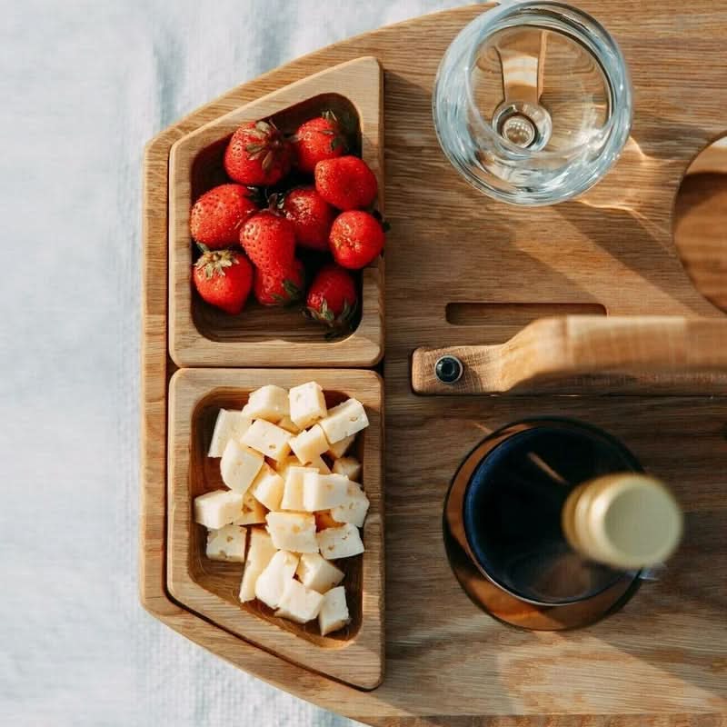 Folding Picnic Table Wooden Snack Compartments & Glass Holders