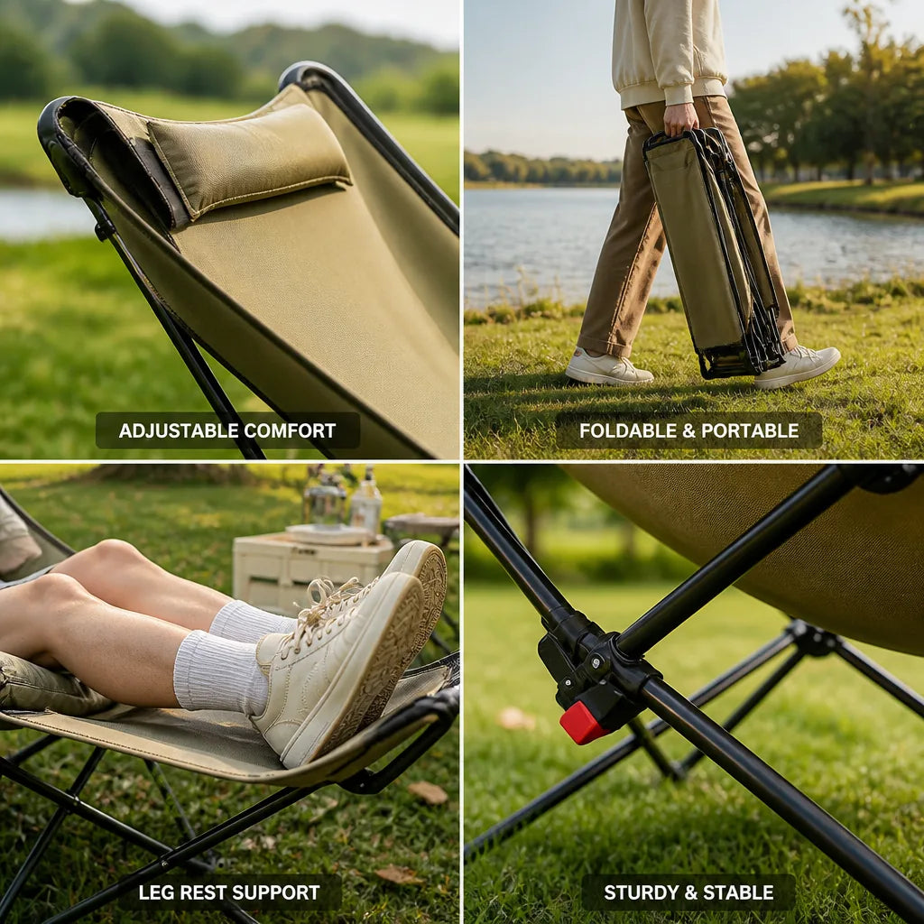 Folding Recliner Chair Adjustable Curved Headrest & Leg Rest