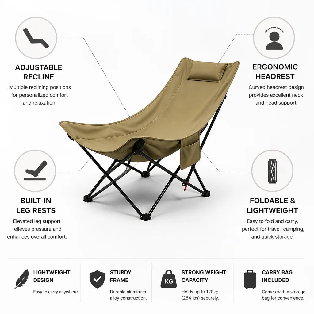Folding Recliner Chair Adjustable Curved Headrest & Leg Rest