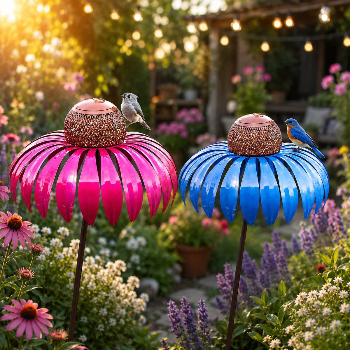 Garden Bird Feeder Stake Flower Design Weather-Resistant Metal