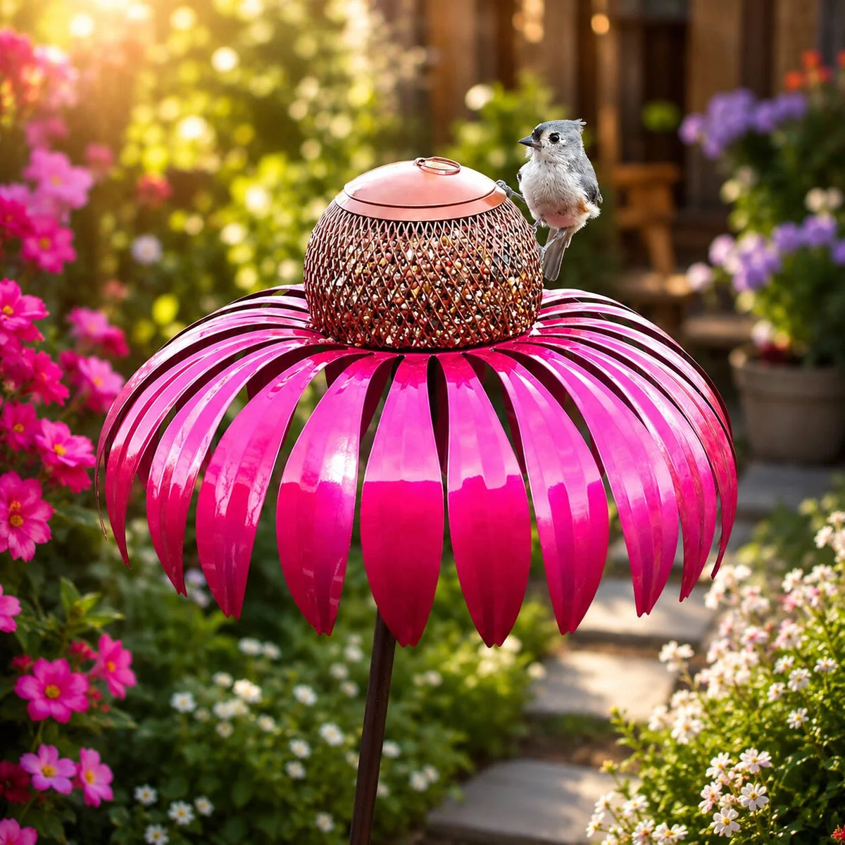 Garden Bird Feeder Stake Flower Design Weather-Resistant Metal