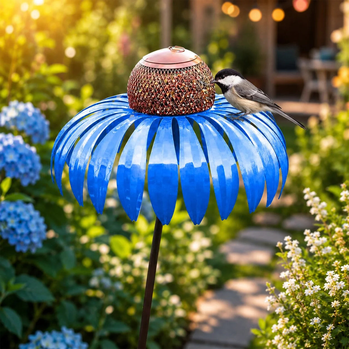 Garden Bird Feeder Stake Flower Design Weather-Resistant Metal