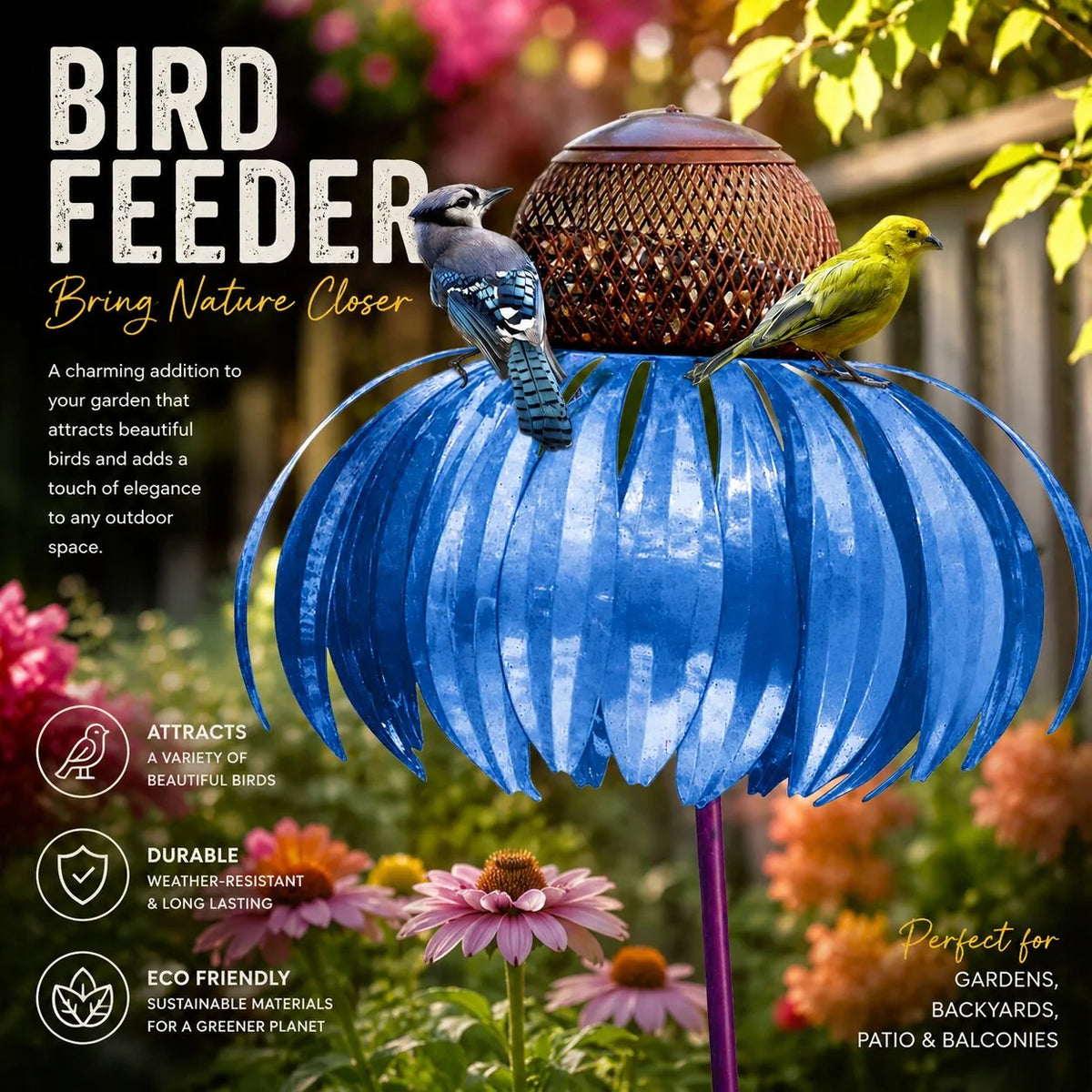 Garden Bird Feeder Stake Flower Design Weather-Resistant Metal