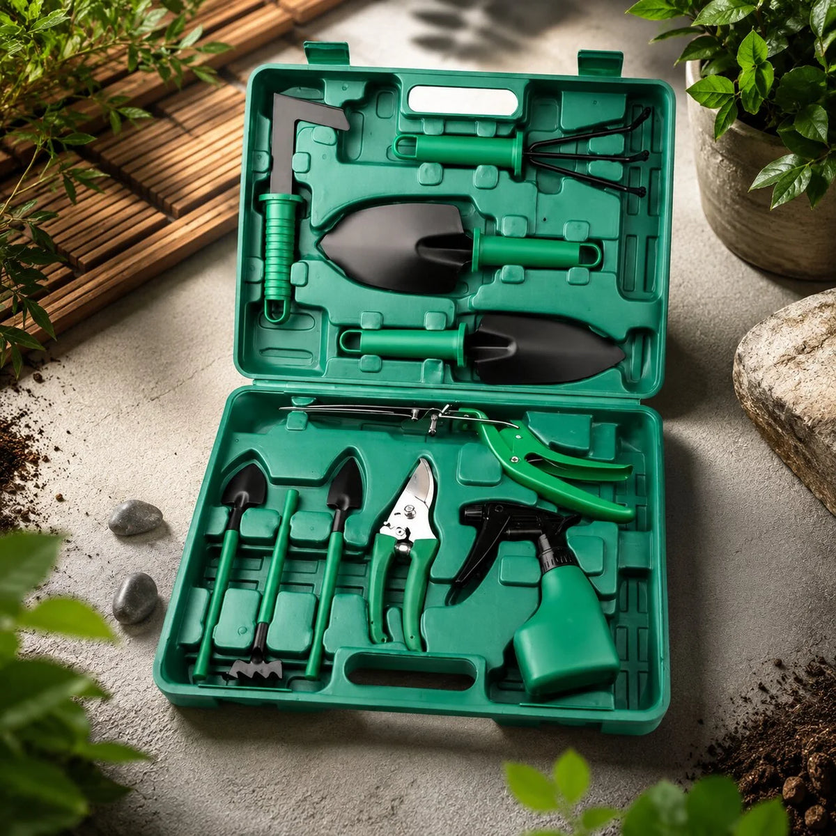Garden Tool Set 10-Piece Stainless Steel Heads Carry Case