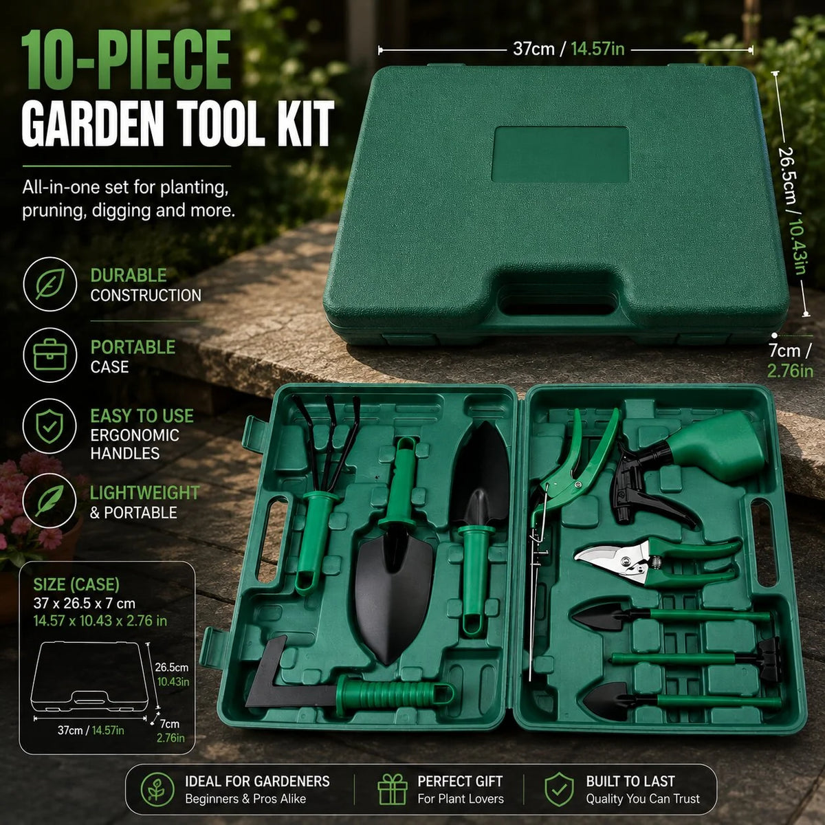Garden Tool Set 10-Piece Stainless Steel Heads Carry Case