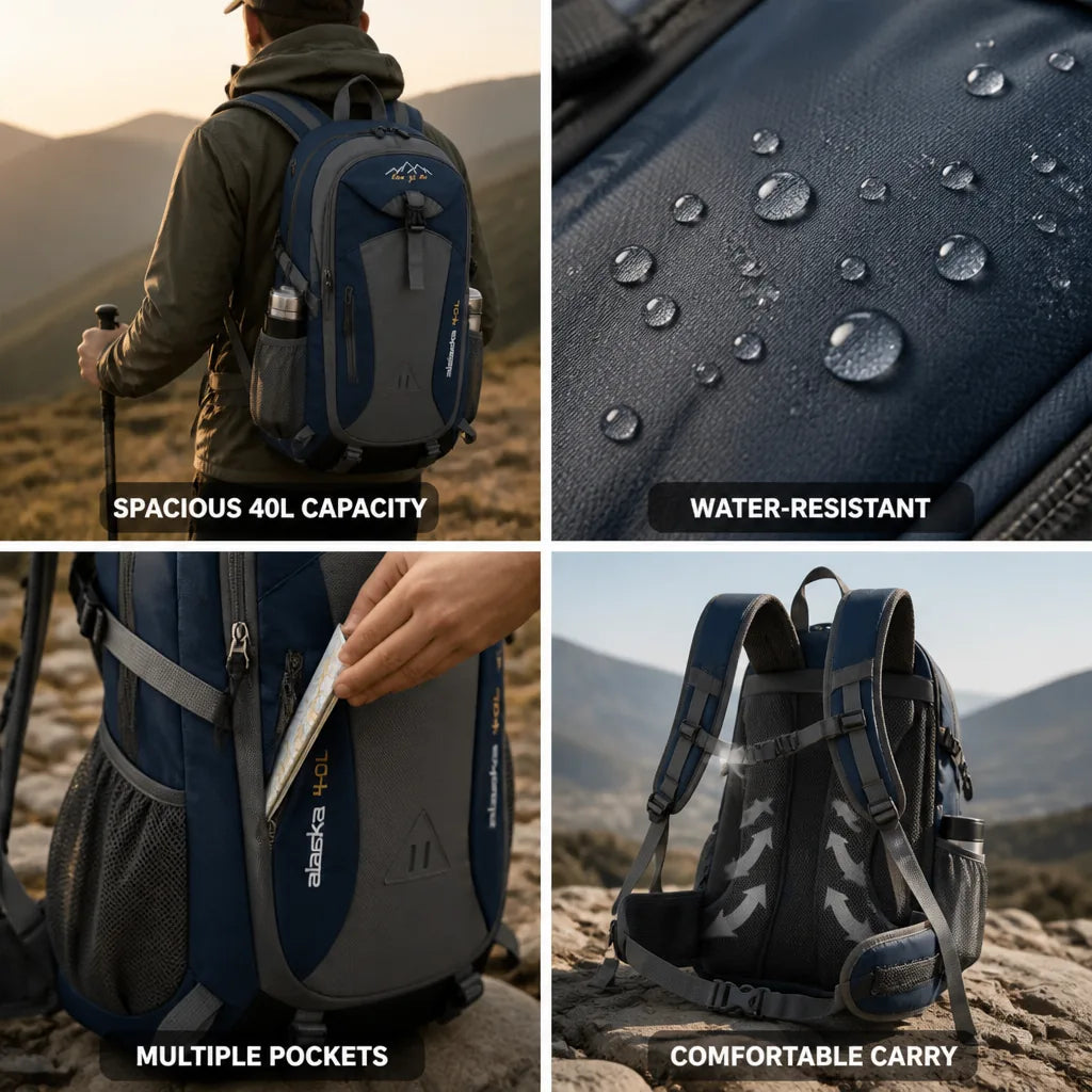 Hiking Backpack 40L Water-Resistant Multiple Pockets
