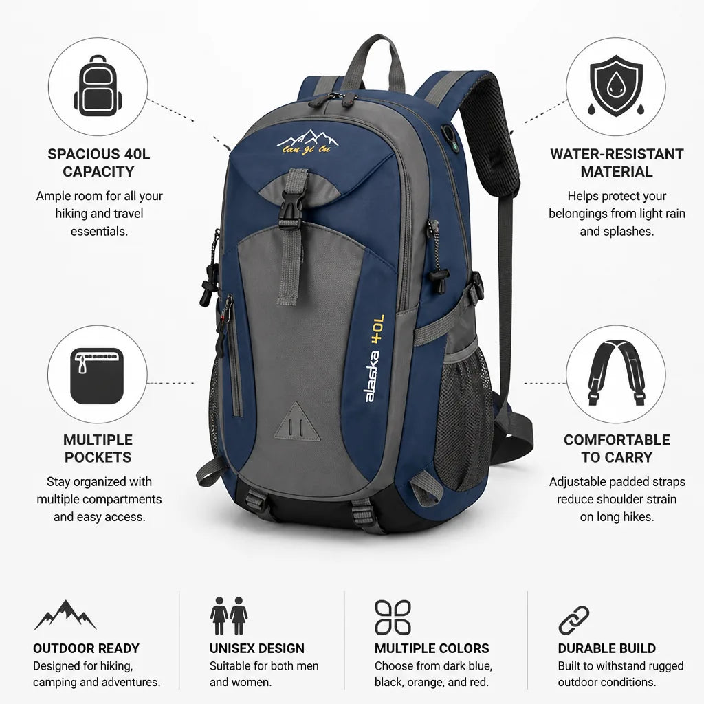 Hiking Backpack 40L Water-Resistant Multiple Pockets