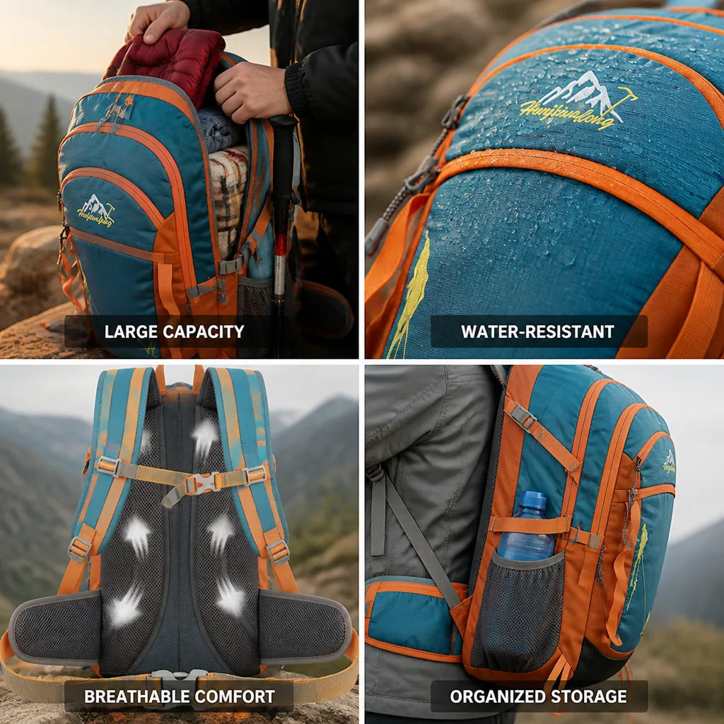 Hiking Backpack 40L Water-Resistant Ripstop Nylon Ergonomic Padded Straps