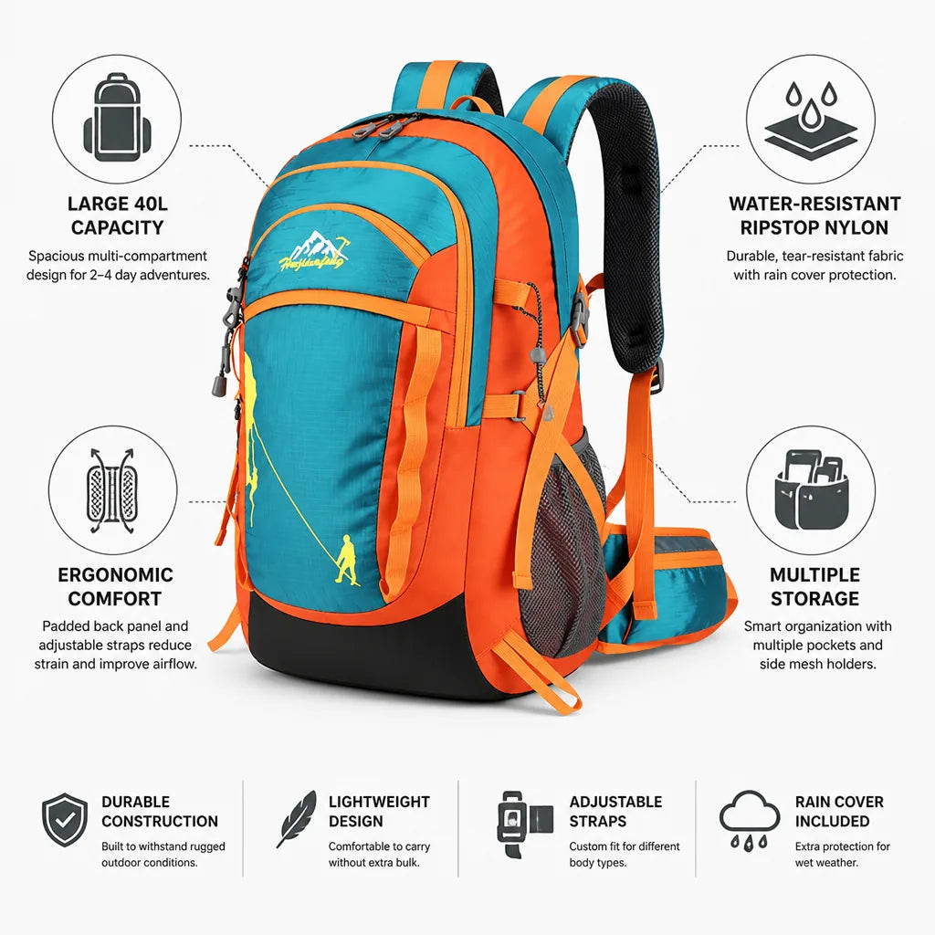 Hiking Backpack 40L Water-Resistant Ripstop Nylon Ergonomic Padded Straps