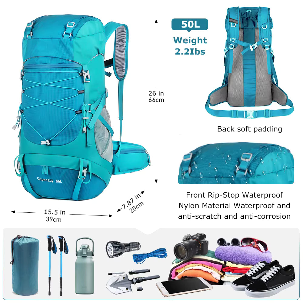 Hiking Backpack 50L Water-Resistant Rain Cover