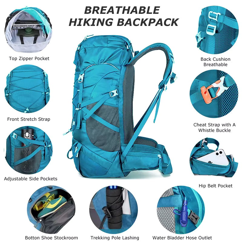 Hiking Backpack 50L Water-Resistant Rain Cover