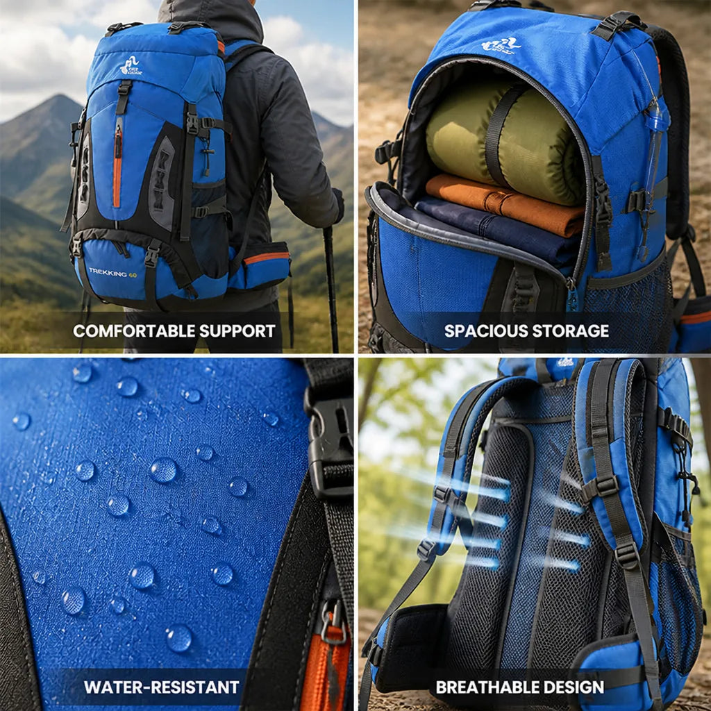 Hiking Backpack 60L Ergonomic Support Ventilated Mesh