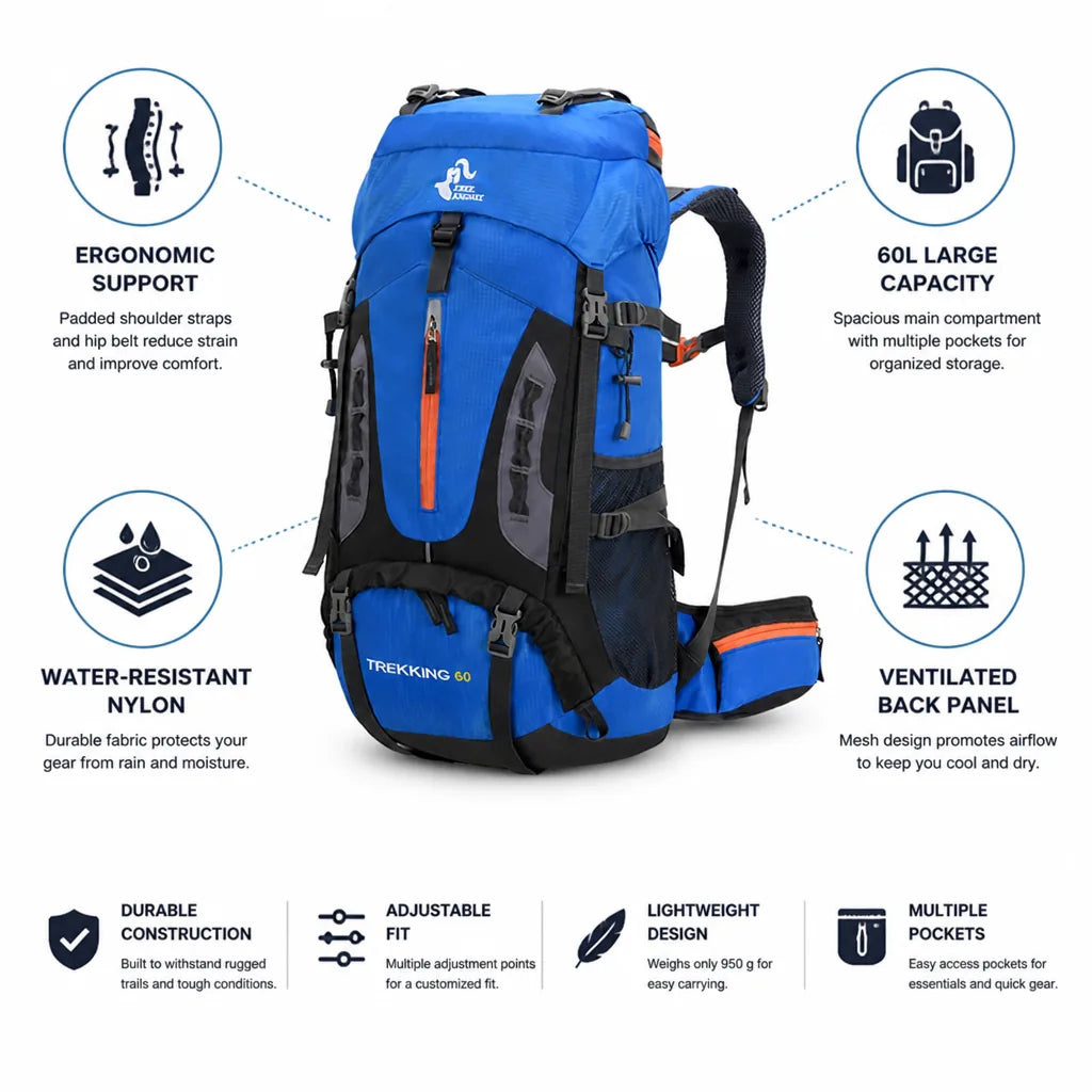 Hiking Backpack 60L Ergonomic Support Ventilated Mesh