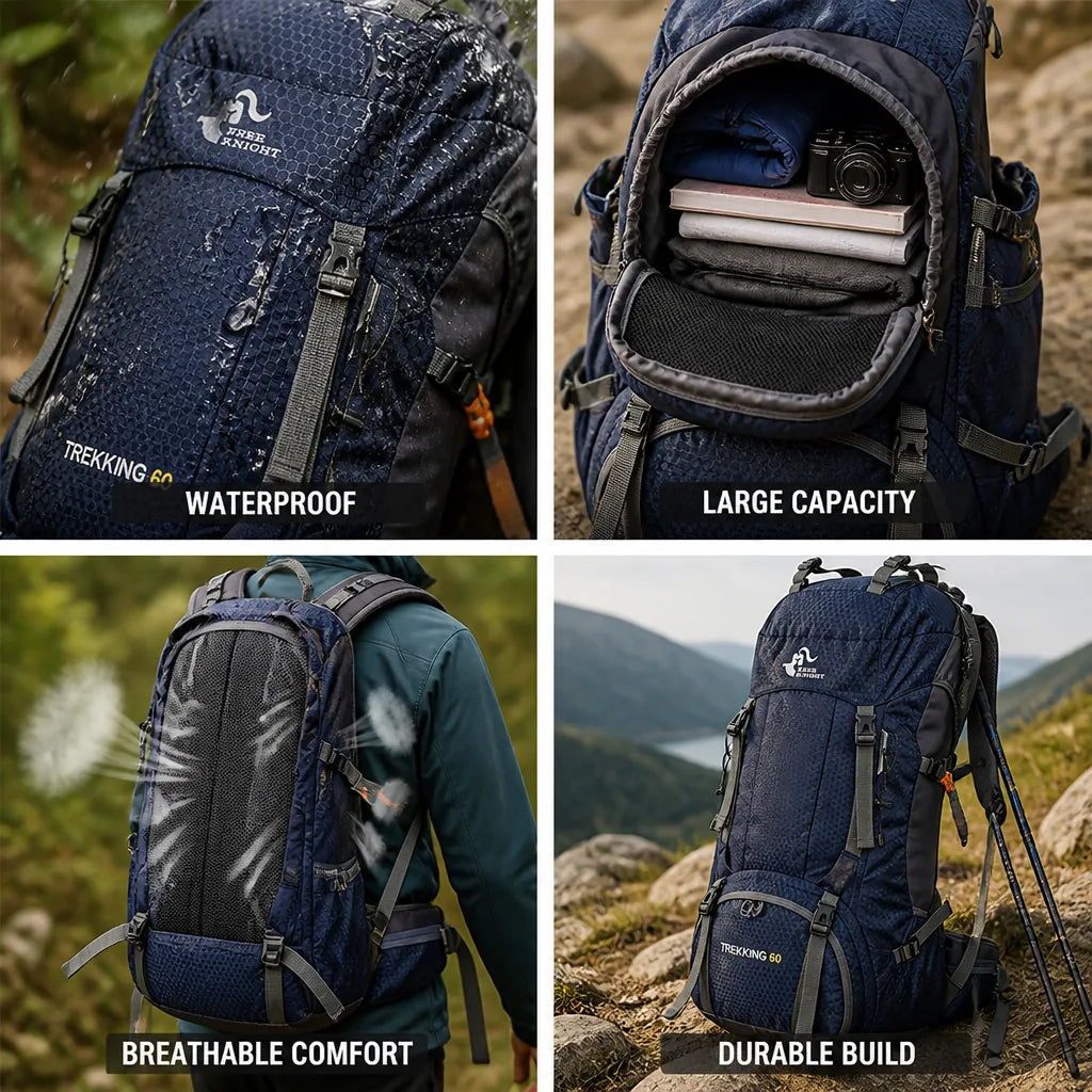 Hiking Backpack 60L Waterproof Breathable Padded Back