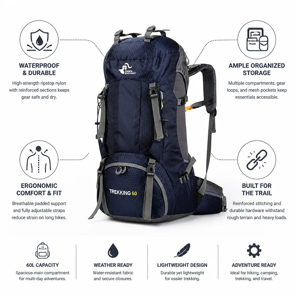 Hiking Backpack 60L Waterproof Breathable Padded Back
