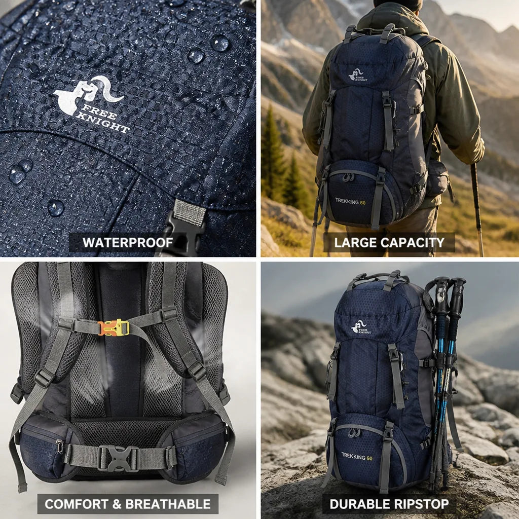 Hiking Backpack 60L Waterproof Ripstop Nylon Padded Straps