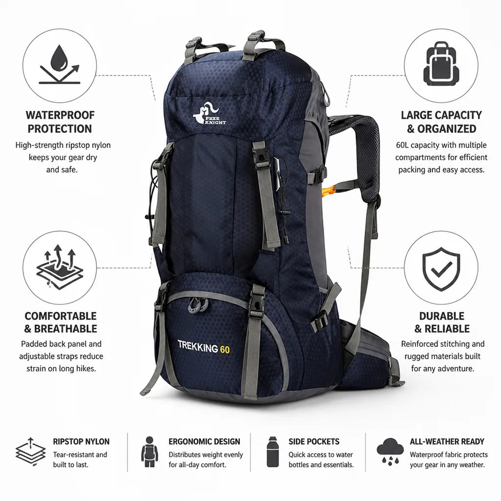 Hiking Backpack 60L Waterproof Ripstop Nylon Padded Straps