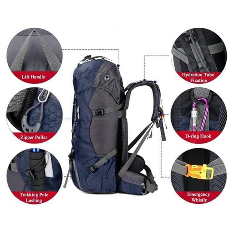 Hiking Backpack 60L Waterproof Ripstop Nylon Padded Support
