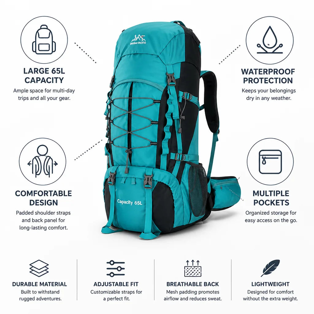 Hiking Backpack 65L Waterproof Multiple Pockets