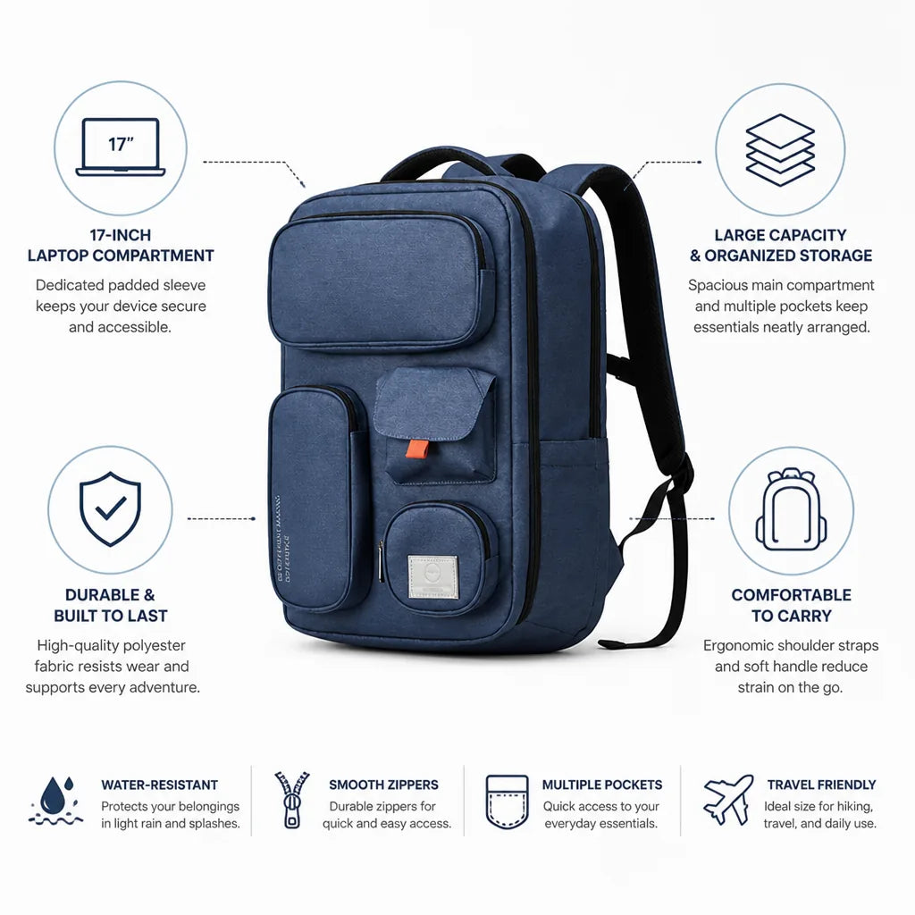Hiking Backpack Large Capacity 17-Inch Laptop Compartment