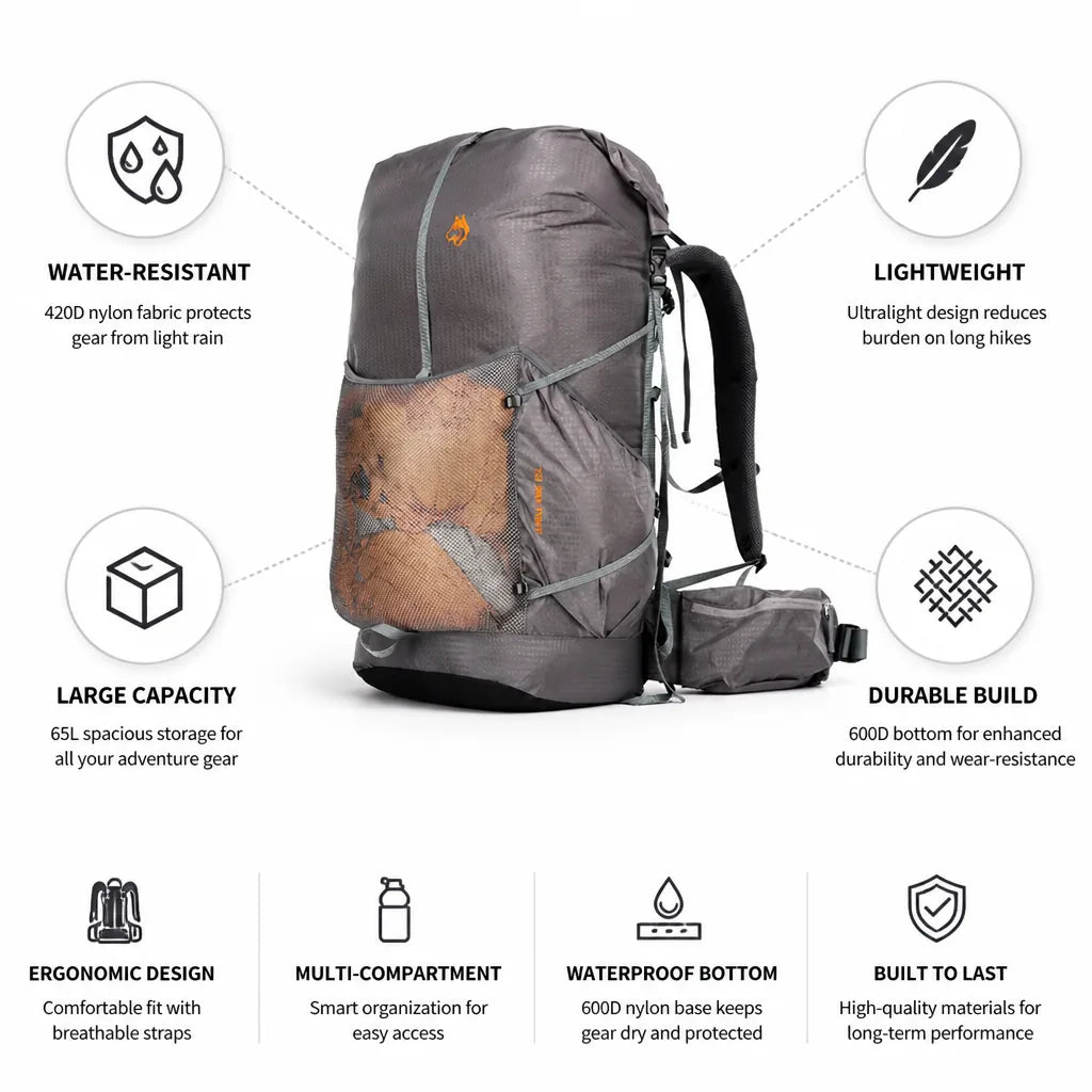 Hiking Backpack Water-Resistant & Lightweight 65L