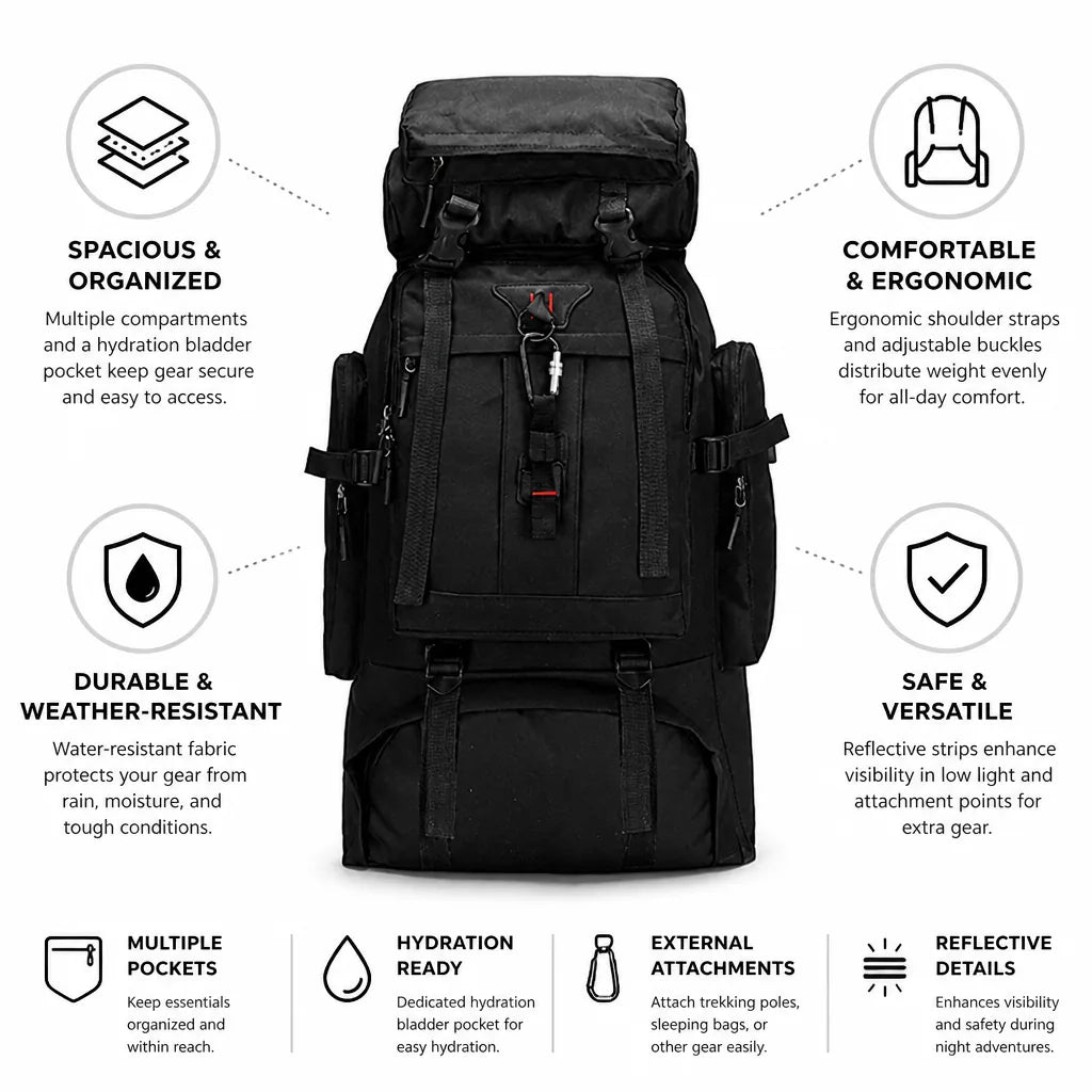 Hiking Backpack Water-Resistant Multiple Compartments & Hydration Bladder Pocket