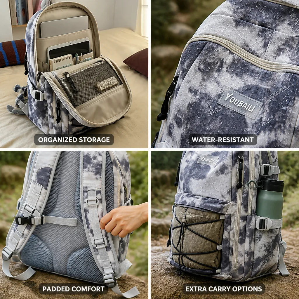 Hiking Backpack Water-Resistant Organized Compartments & Adjustable Padded Straps