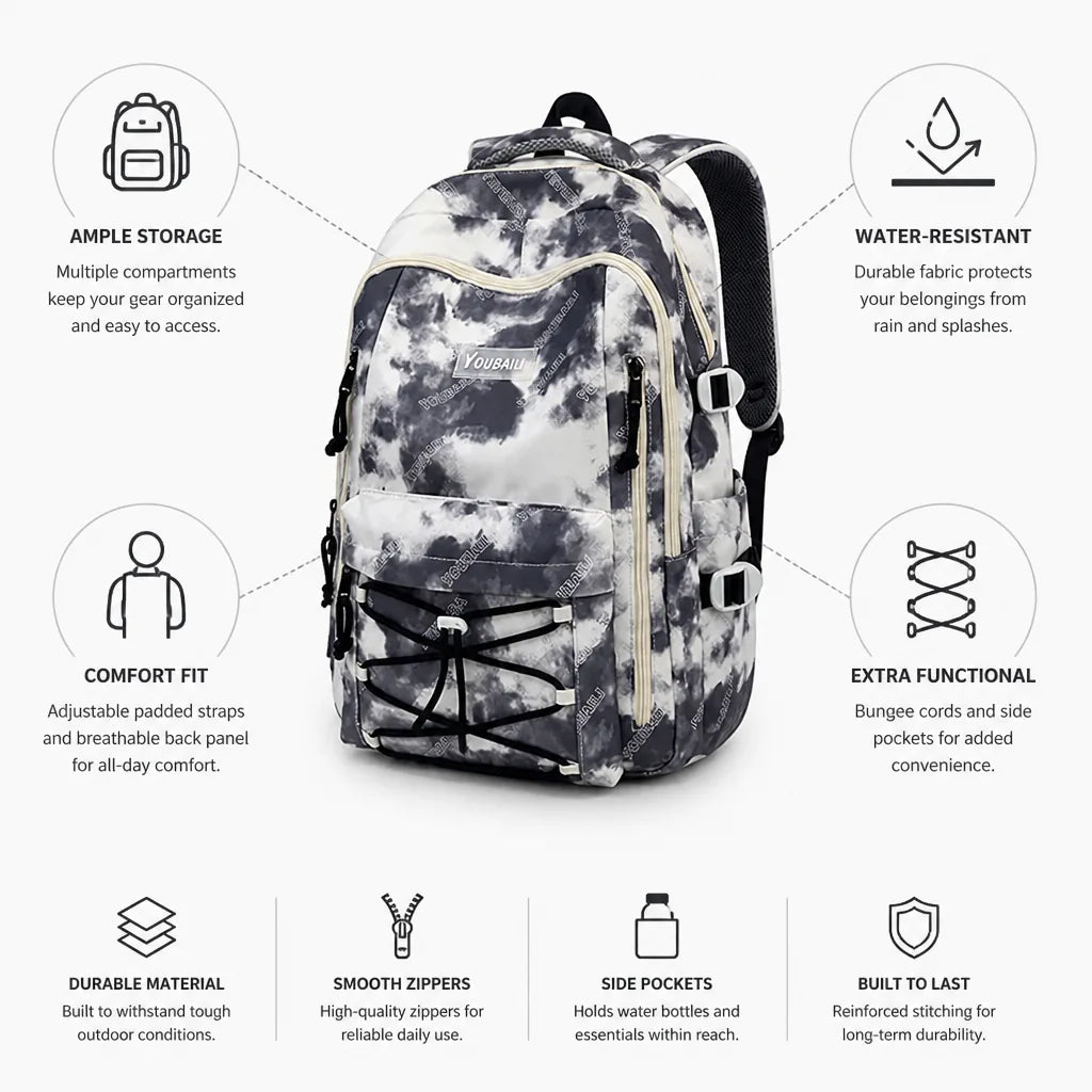 Hiking Backpack Water-Resistant Organized Compartments & Adjustable Padded Straps