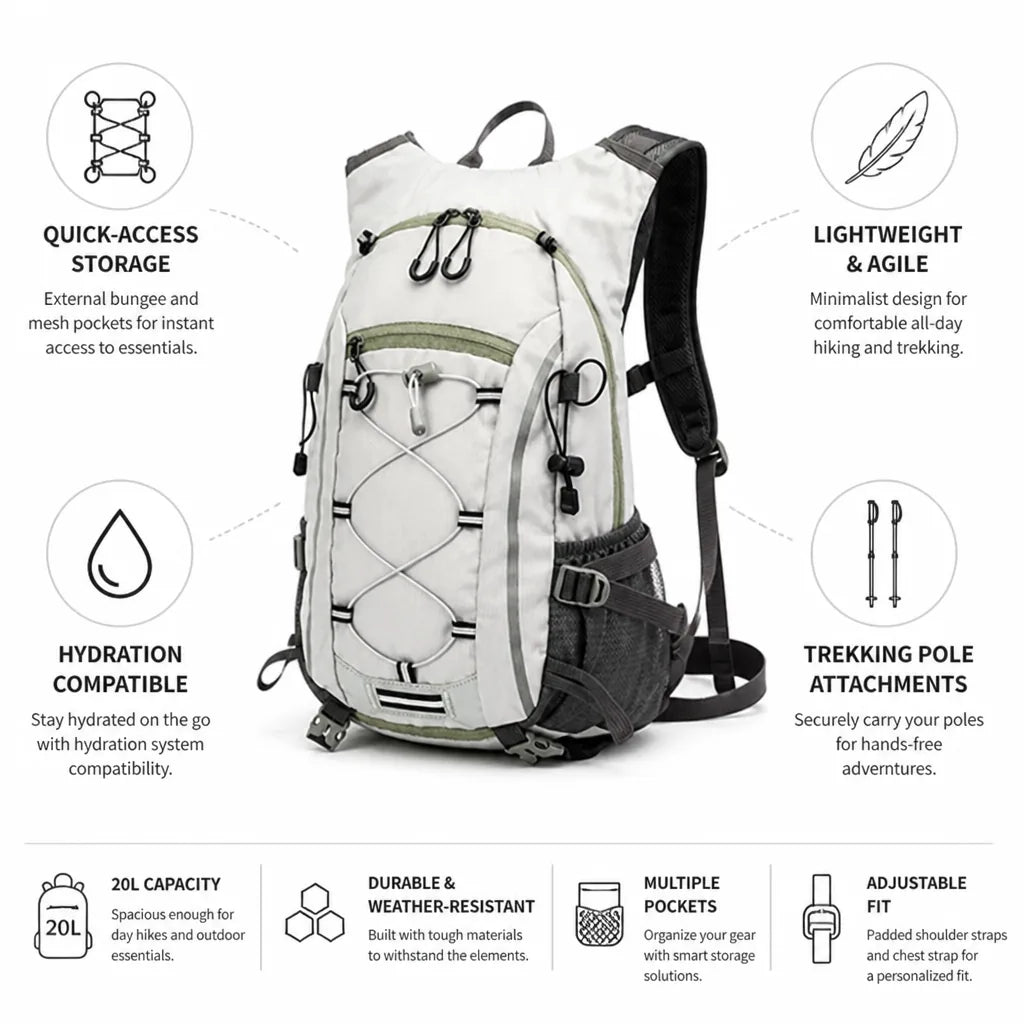 Hiking Daypack 20L Hydration Compatible Bungee & Mesh Pockets