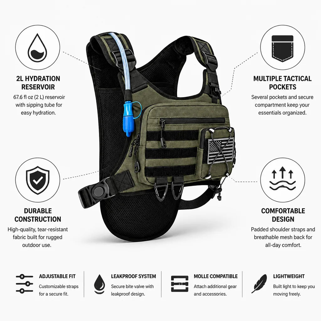 Hydration Backpack 2L Reservoir Tactical Pockets & Padded Straps