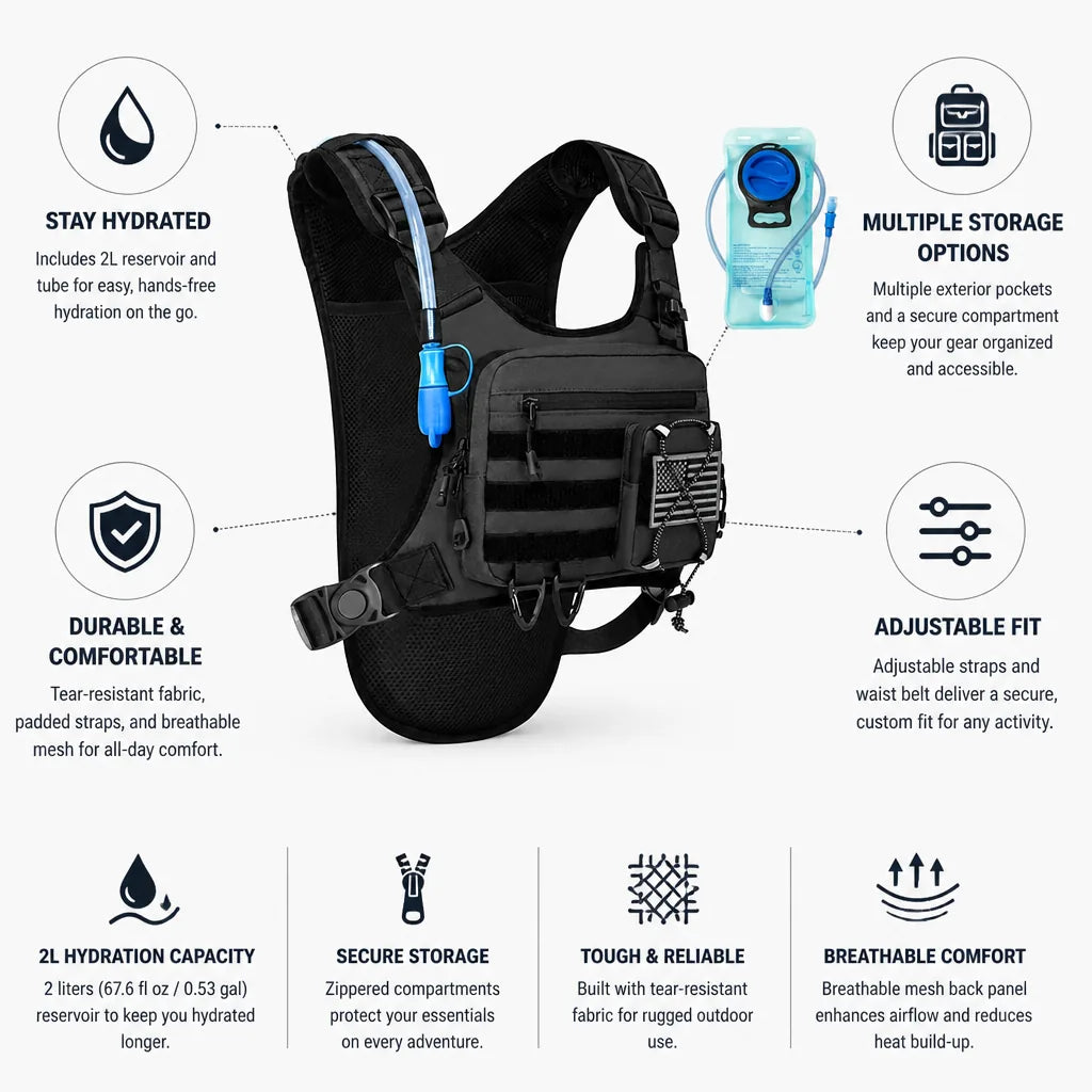 Hydration Backpack 2L Reservoir Tactical Storage Padded Straps