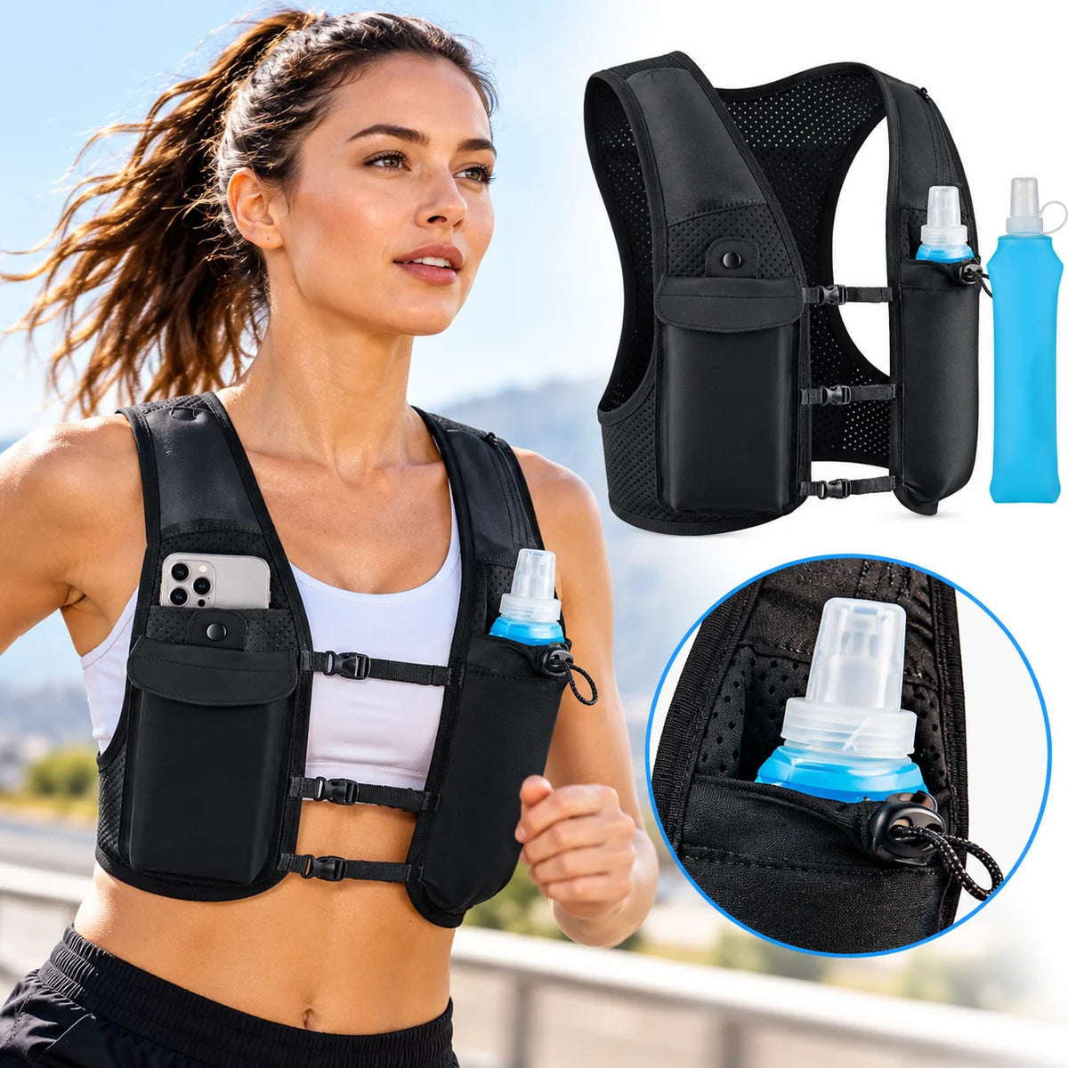 Hydration Vest Dual Front Bottle Pockets & Breathable Mesh