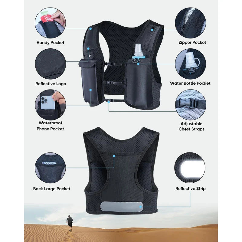 Hydration Vest Dual Front Bottle Pockets & Breathable Mesh
