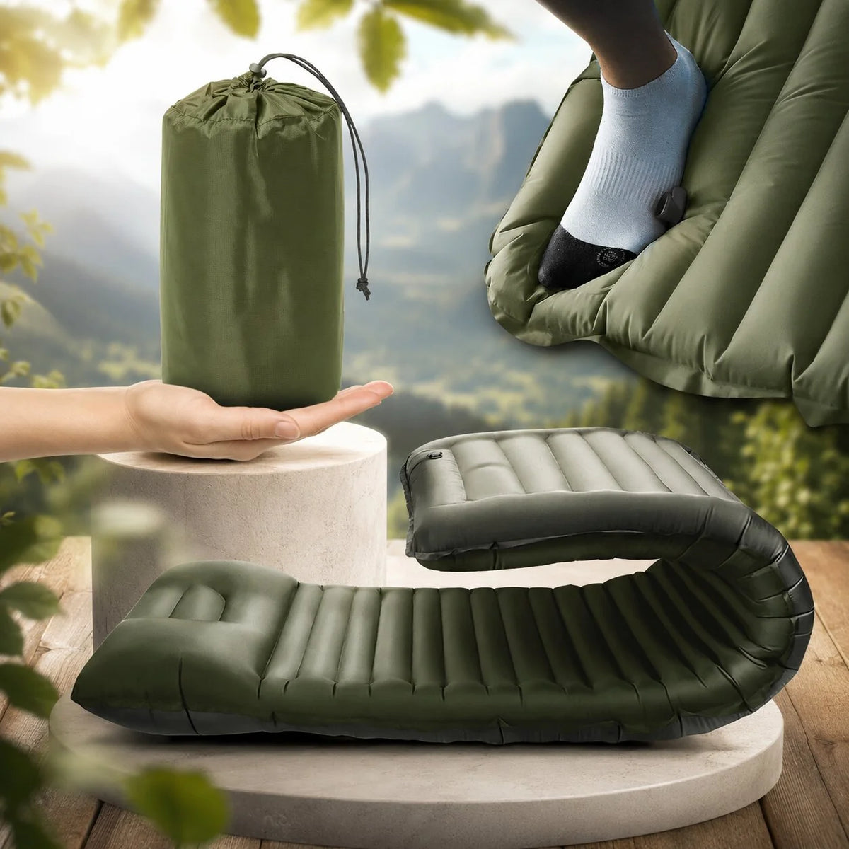 Inflatable Sleeping Mat Built-In Foot Pump Water-Resistant Nylon