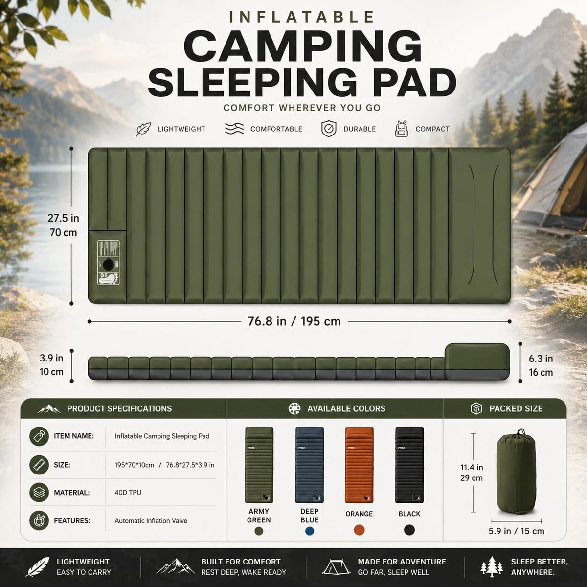 Inflatable Sleeping Mat Built-In Foot Pump Water-Resistant Nylon