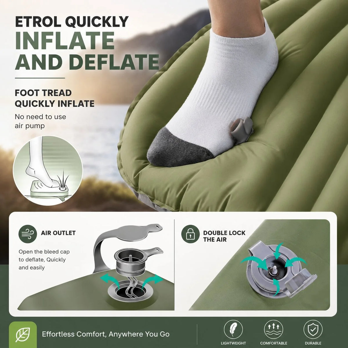 Inflatable Sleeping Mat Built-In Foot Pump Water-Resistant Nylon