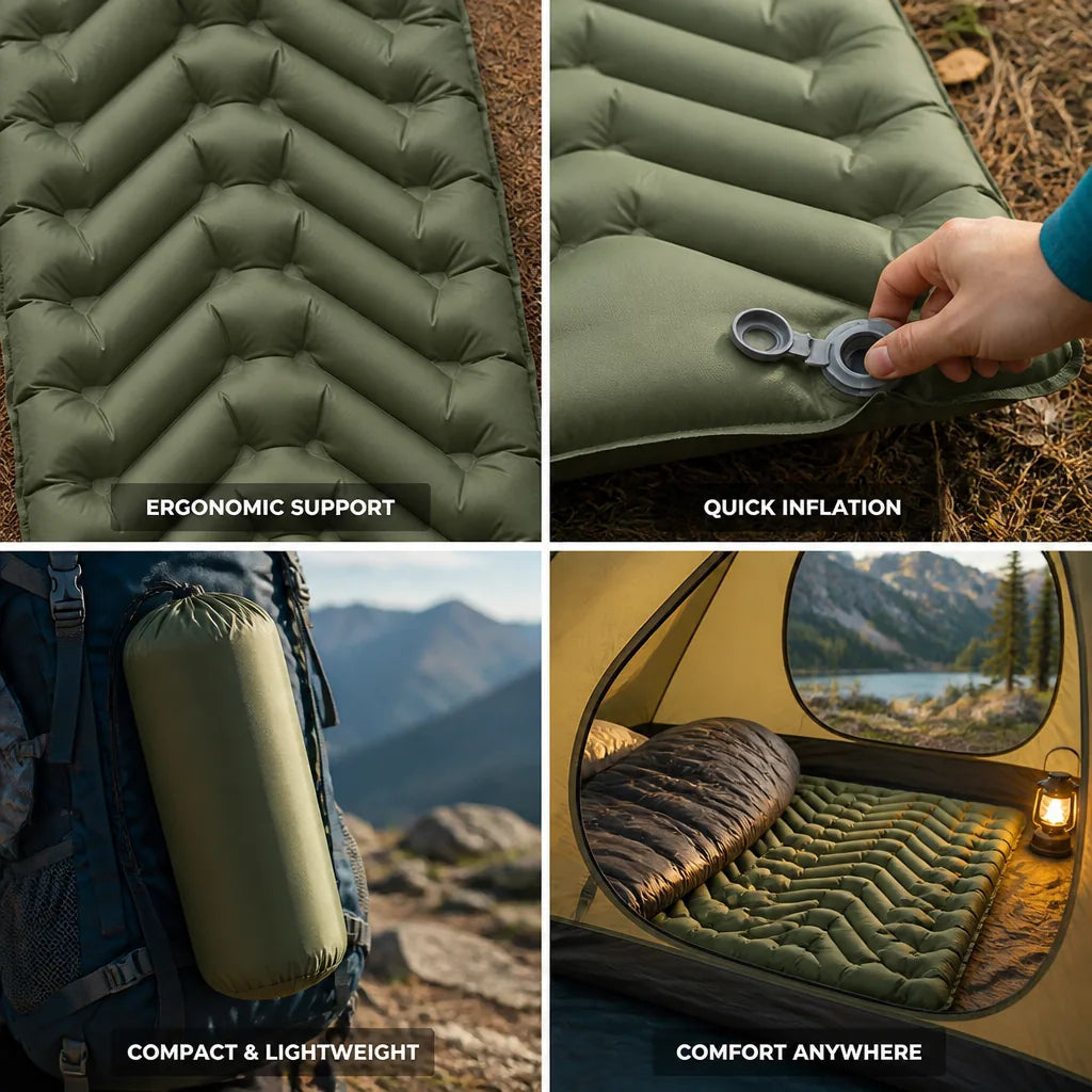 Inflatable Sleeping Pad Ergonomic Comfort Zones Lightweight & Packable