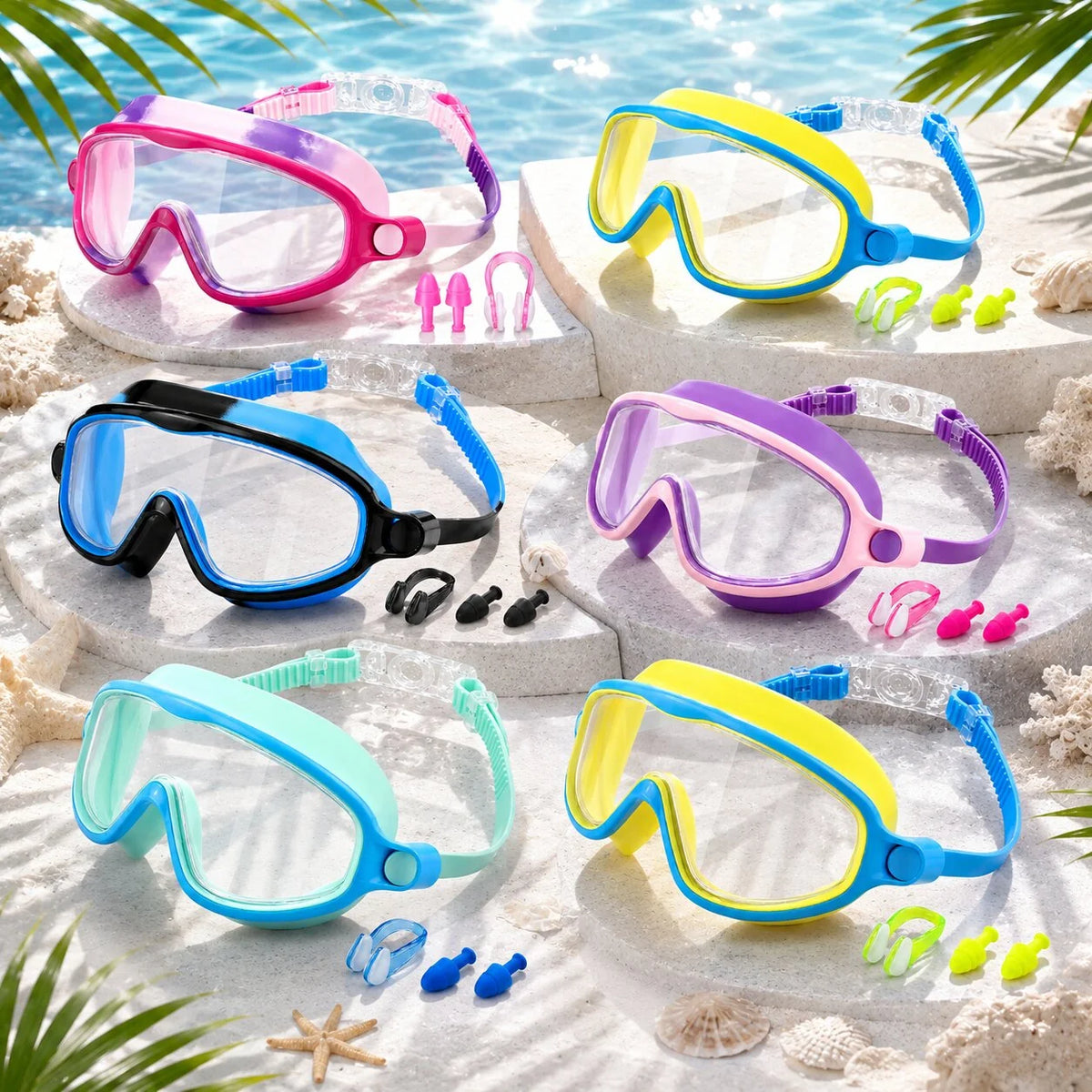 Kids Swim Goggles Set Adjustable Strap Earplugs & Nose Clip