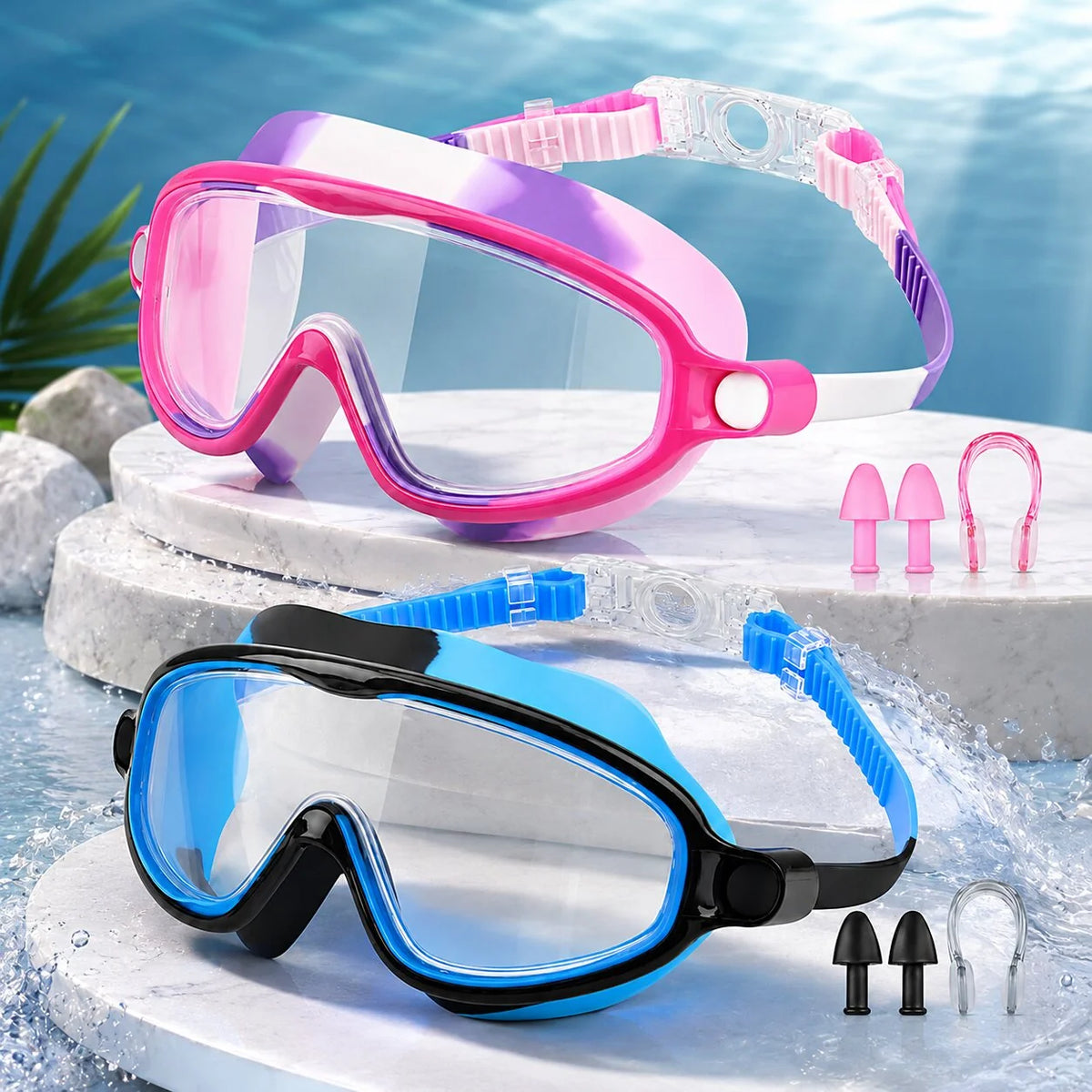 Kids Swim Goggles Set Adjustable Strap Earplugs & Nose Clip