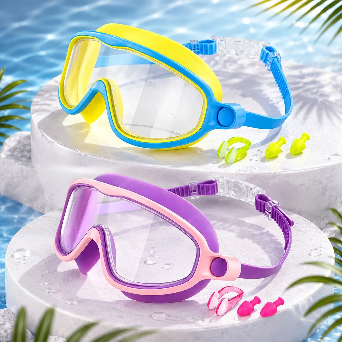Kids Swim Goggles Set Adjustable Strap Earplugs & Nose Clip