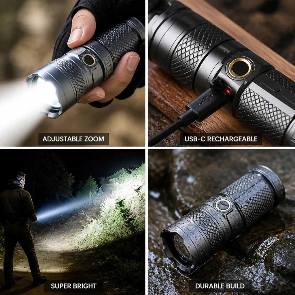 LED Flashlight USB-C Rechargeable Adjustable Zoom 2000 mAh