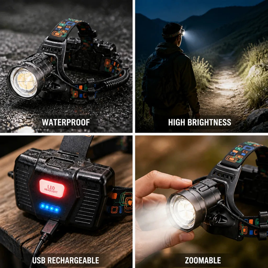 LED Headlamp Zoomable USB Rechargeable Waterproof
