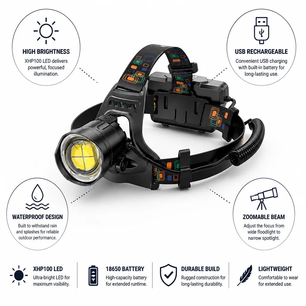 LED Headlamp Zoomable USB Rechargeable Waterproof